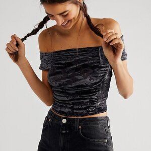 Free People Joni Crop Top Women Velvet Jacquard Burnout Off Shoulder XS Green